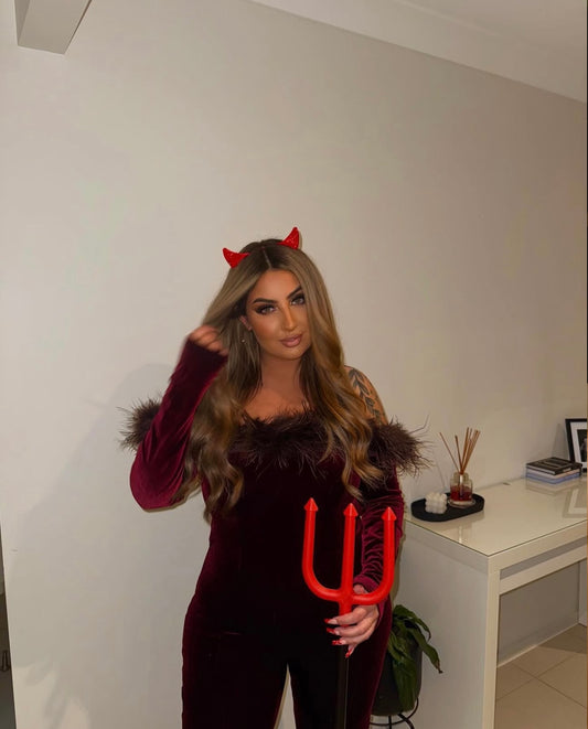 House of CB Salima Cherry Velvet Jumpsuit